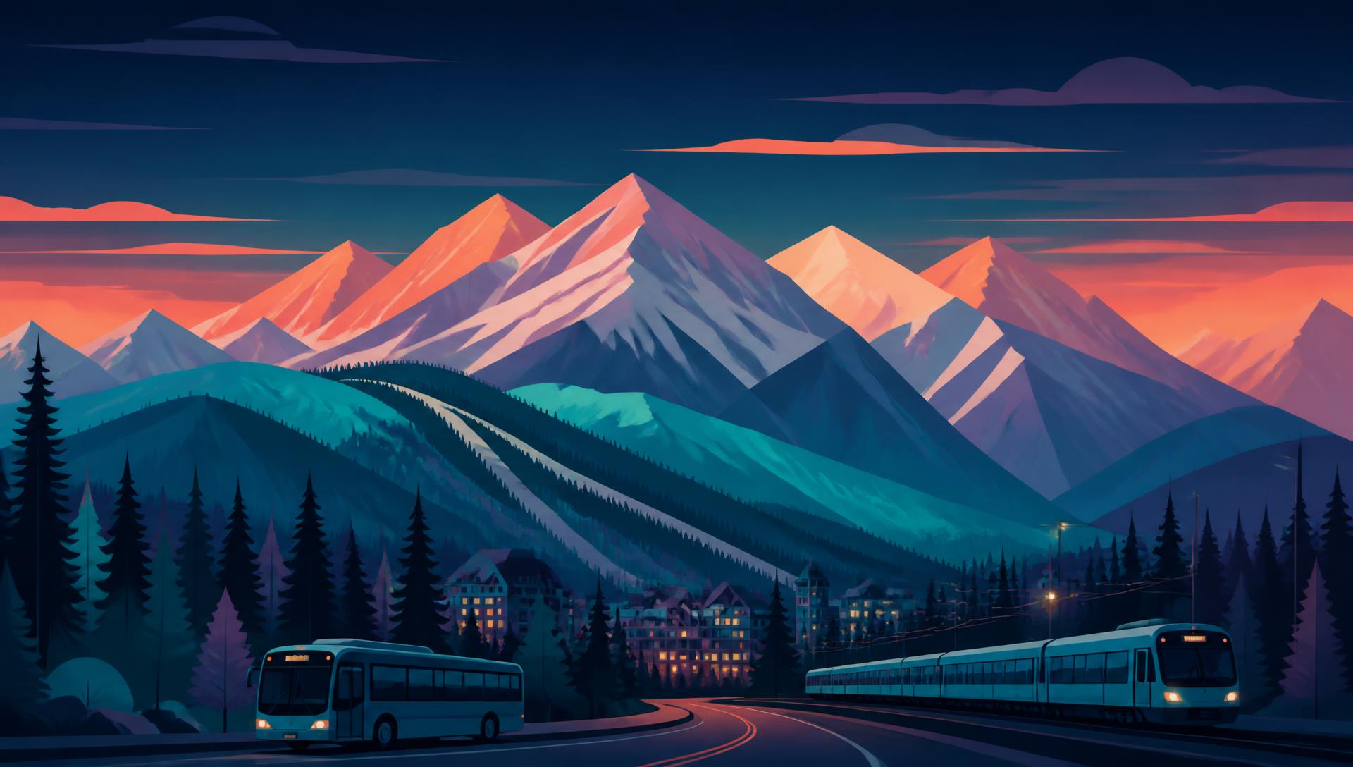 Illustrated Breckenridge, Colorado mountain range with transit vehicles at dusk